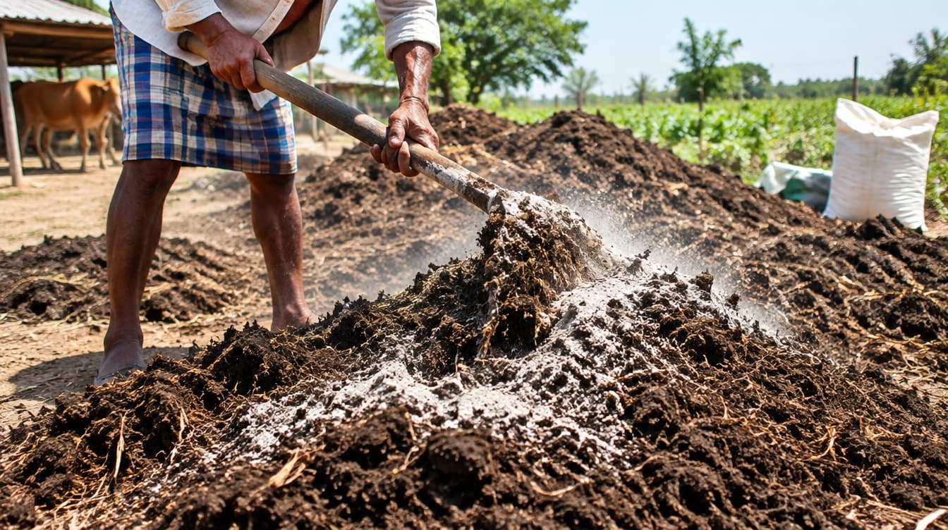Mixing carrier powder into a farmyard manure heap before field application