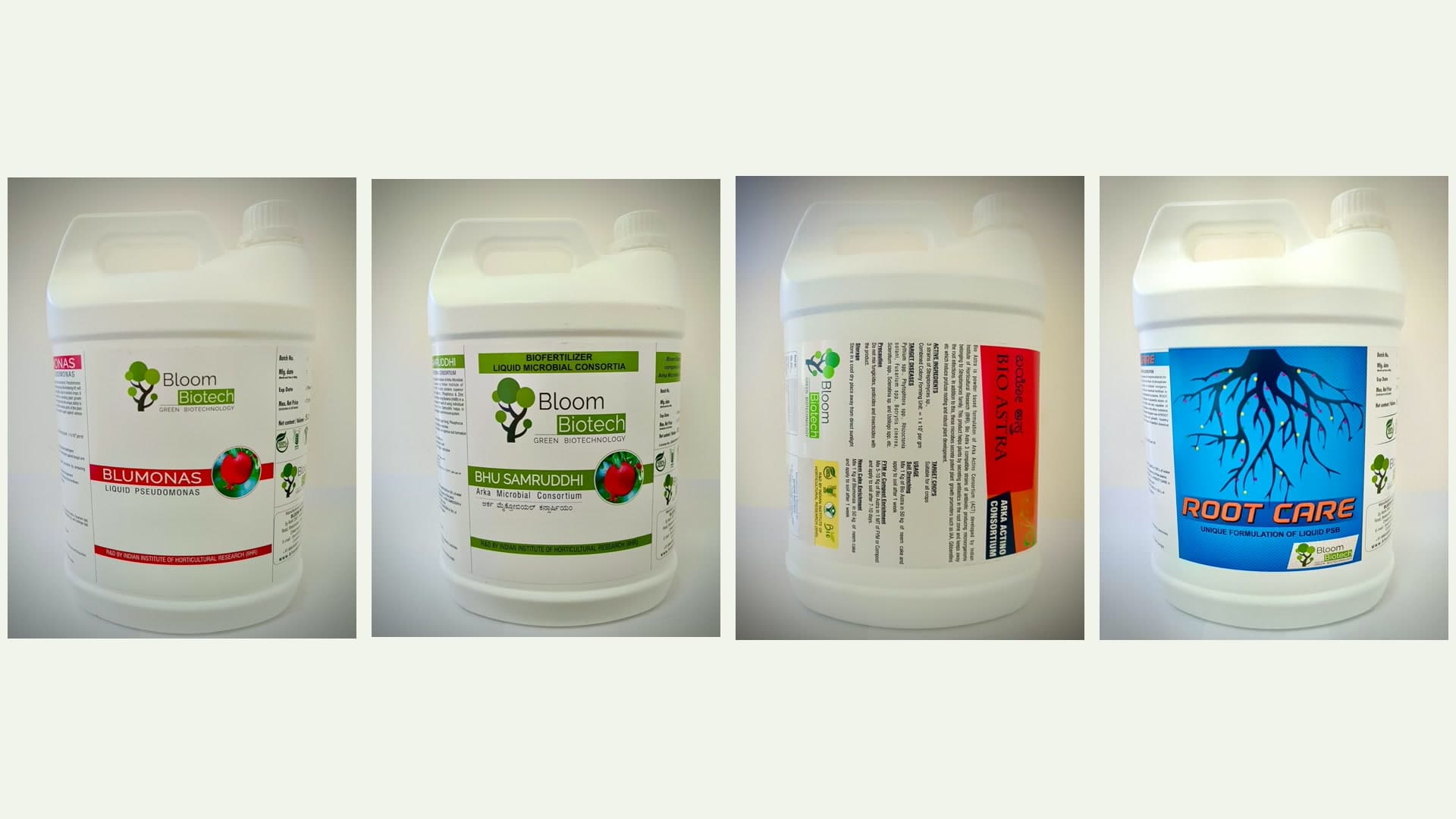 Carrier and liquid packs photographed together: Blumonas, Bhu Samruddhi, Bio Astra and Root Care